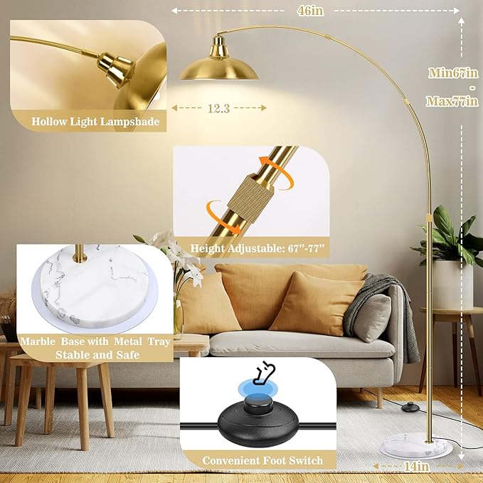 FILIYANO Gold Brass Arc Floor Lamp for Living Room - Mid Century Modern Standing Lamp, Overhanging Floor Lamps, Arch Stand Up Lamp & Floor Light with White Marble Base, Ideal for Bedroom Study Room photo 2