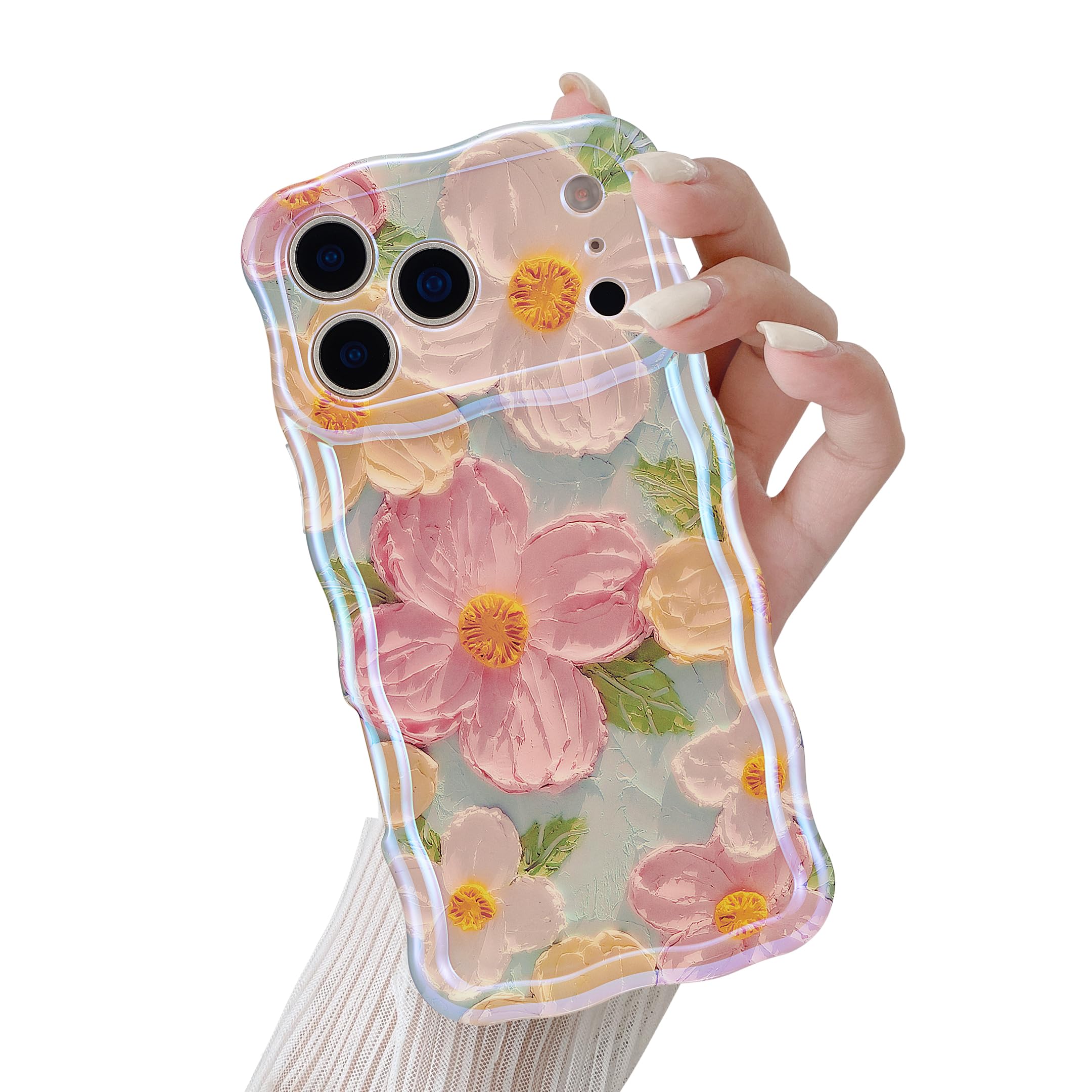 QLTYPRI Case for iPhone 17 Pro Max, Colorful Retro Oil Painting Flower Pattern Cute Curly Wave Frame Exquisite Phone Case for Girls Women, Shockproof Protective Phone Cover for iPhone 17 Pro Max-Green