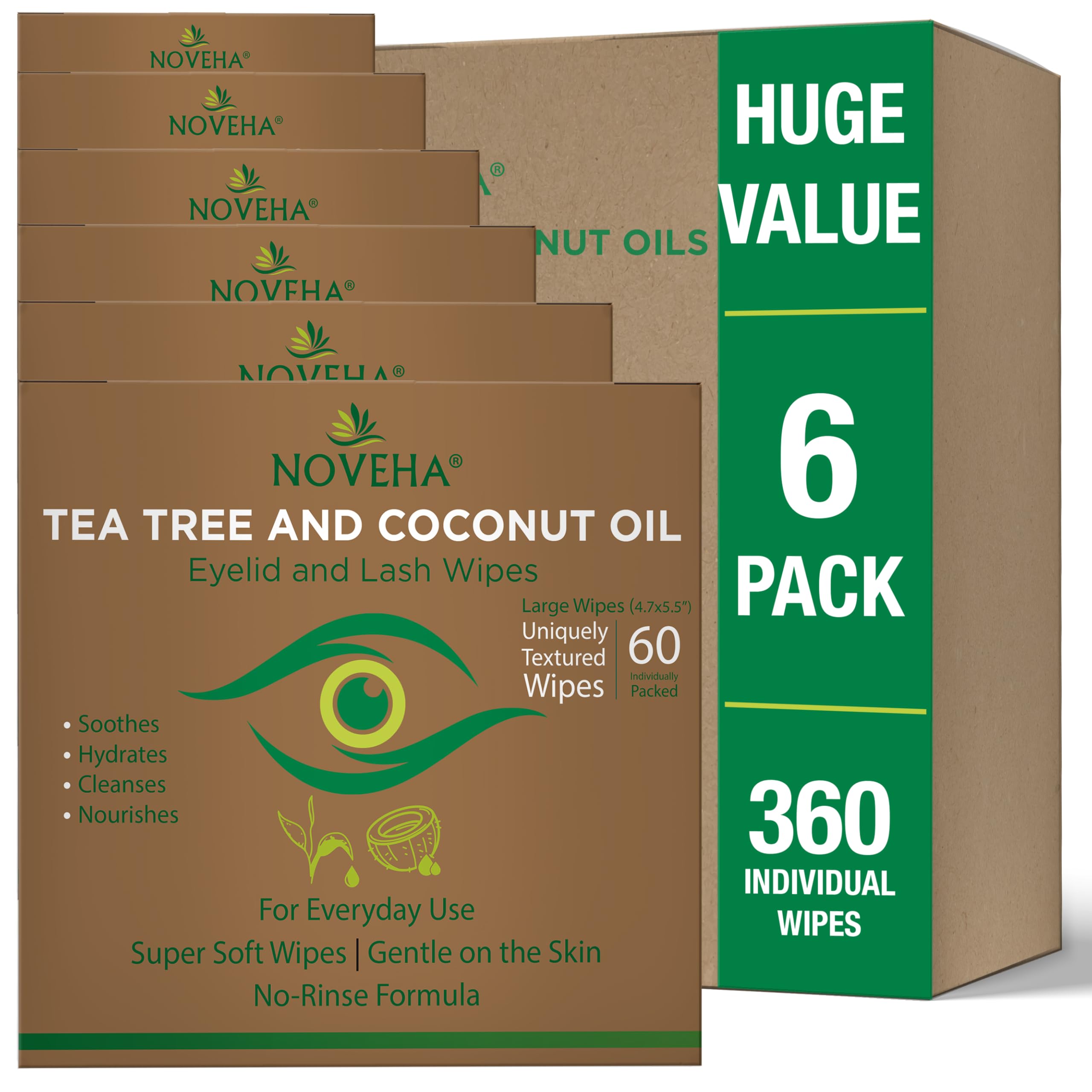 NOVEHA 360PCs Tea Tree Coconut Oil Eyelid Lash Wipes For Demodex Blepharitis Itchy Eyes Box Of 60 Individually