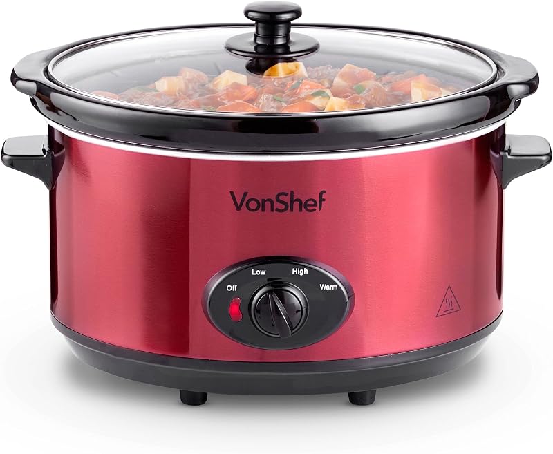 VonShef Lassú Főző 6,5L Piros Elektromos Főzőedény Üveg Fedéllel Rozsdamentes Acél 290W Crockpot Ételkészítő