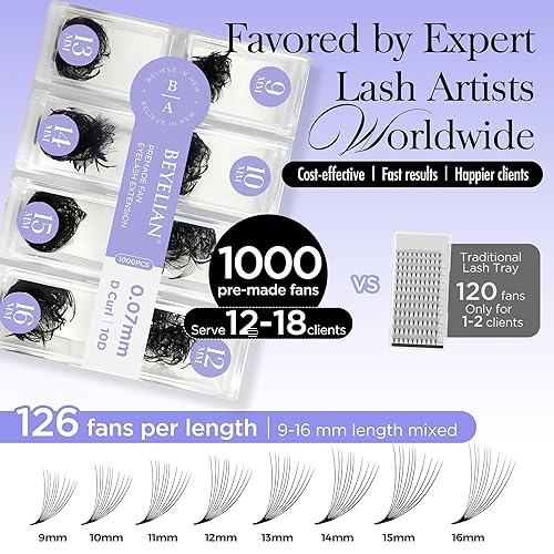 Miniatura 2 de BEYELIAN - Extensiones de pestañas prefabricadas con 1000 abanicos de 0.003 in, 10D, curvatura D, extensiones de pestañas hechas a mano, abanicos