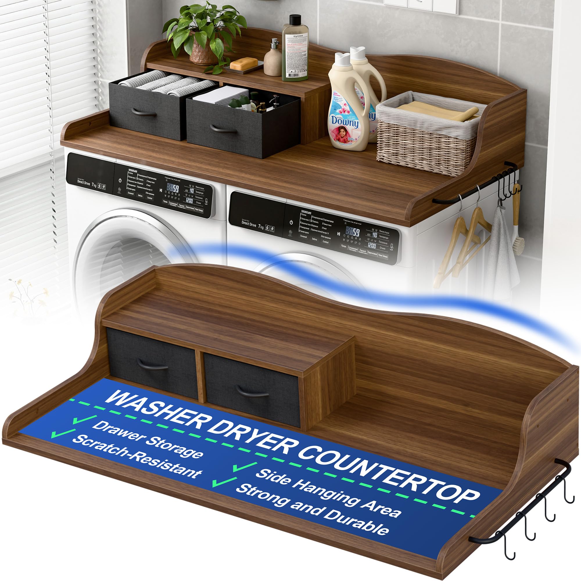 2-Tier Washer Dryer Countertop, Laundry Room Organizer with Drawers &amp; Side Hanging Rod, Wave Design Washer Top Shelf for Folding Clothes and Storage, Laundry Countertop Cover with Hooks
