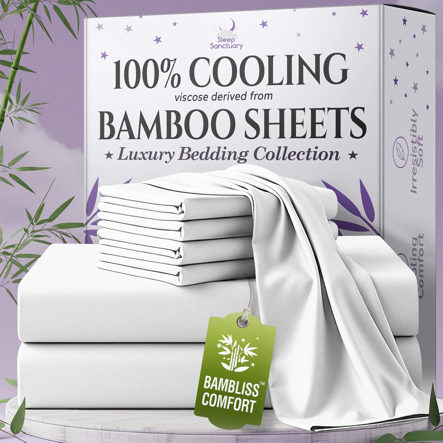 SLEEP SANCTUARY 100% Viscose Derived from Bamboo Sheets King Size 6pcs – BamBliss Luxury Cooling Sheets for Hot Sleepers - Cloud Soft, 17" Deep Pocket, Ultra Durable Bed Set (White)
