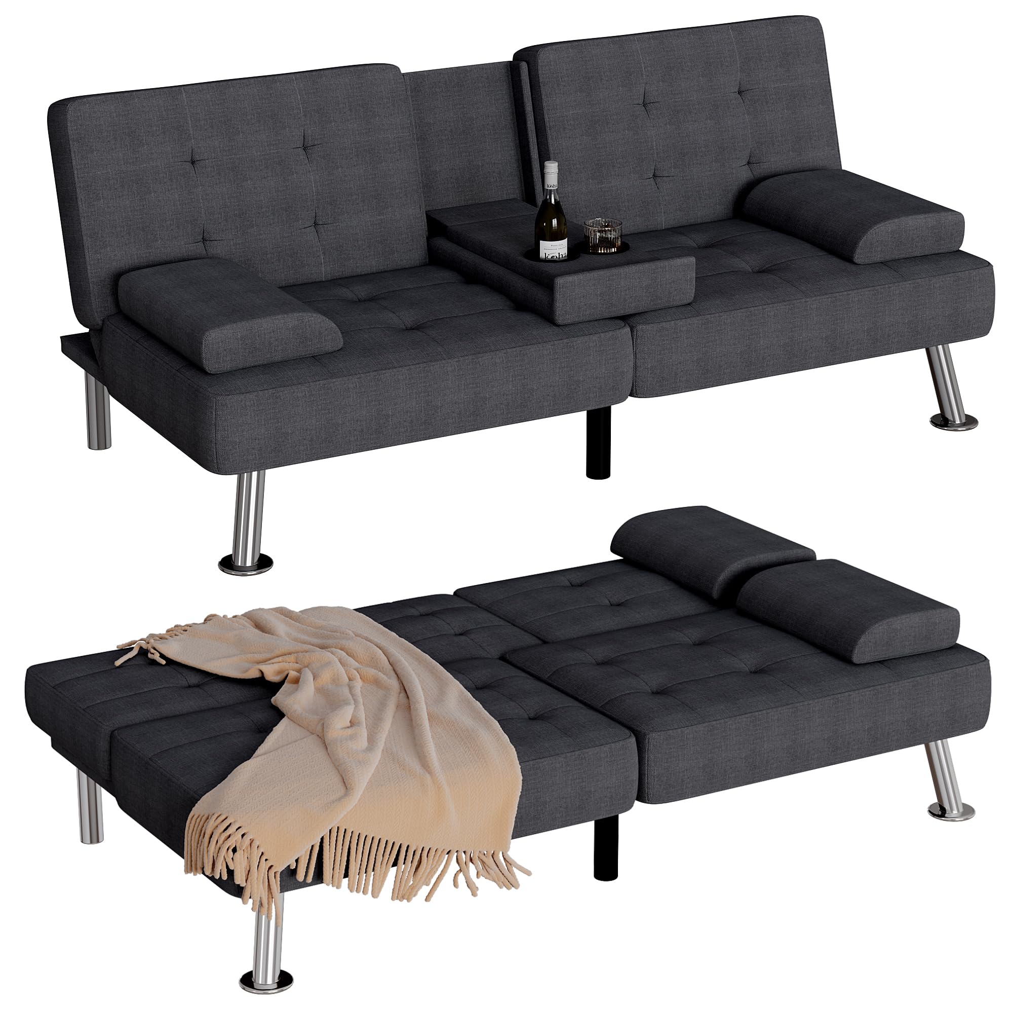 Homall Black Linen Futon Sofa Bed, Futon Couch for Living Room | Adjustable Recliner Sleeper Sofa with Removable Armrests & Dual Cup Holders, Futon Set for Apartment, Office