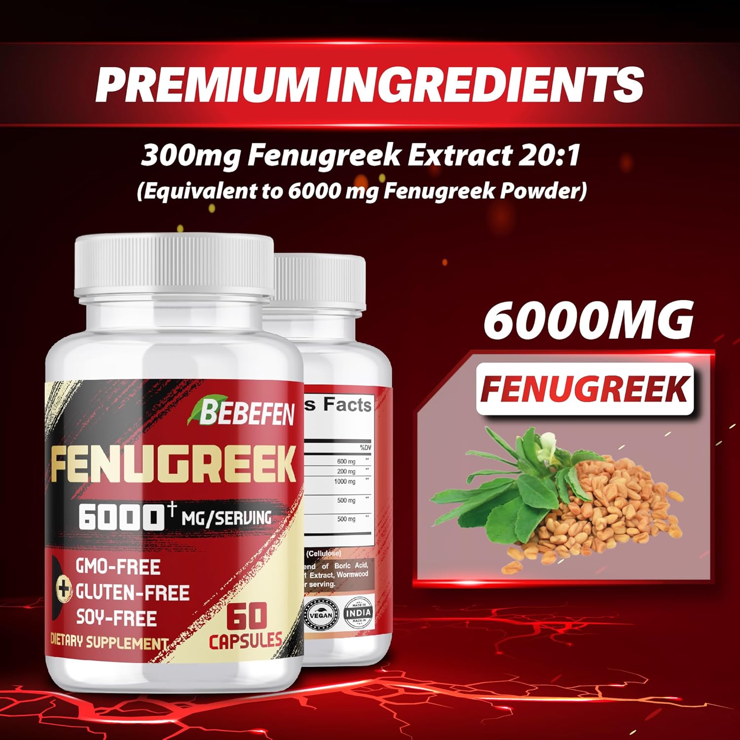 BEBEFEN Fenugreek Capsules 6000mg - Dietary Supplement for Digestion, Women's Health & Overall Well-Being - Vegetarian, Non-GMO