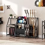 MAHANCRIS Guitar Stand, Multiple Guitar Rack with Storage, for 5 Acoustic Guitar, Bass, Electric Guitar, Ukulele, Banjo, Turntable, Vinyl Records and Amp Accessories, for Music Studios, Black GSBK10501