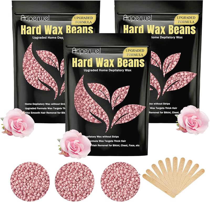 Painless Hard Wax Beans for Hair Removal, 10.5oz Upgraded Formula for Face, Eyebrow, Brazilian Bikini with 10 Applicators (3 Rose)
