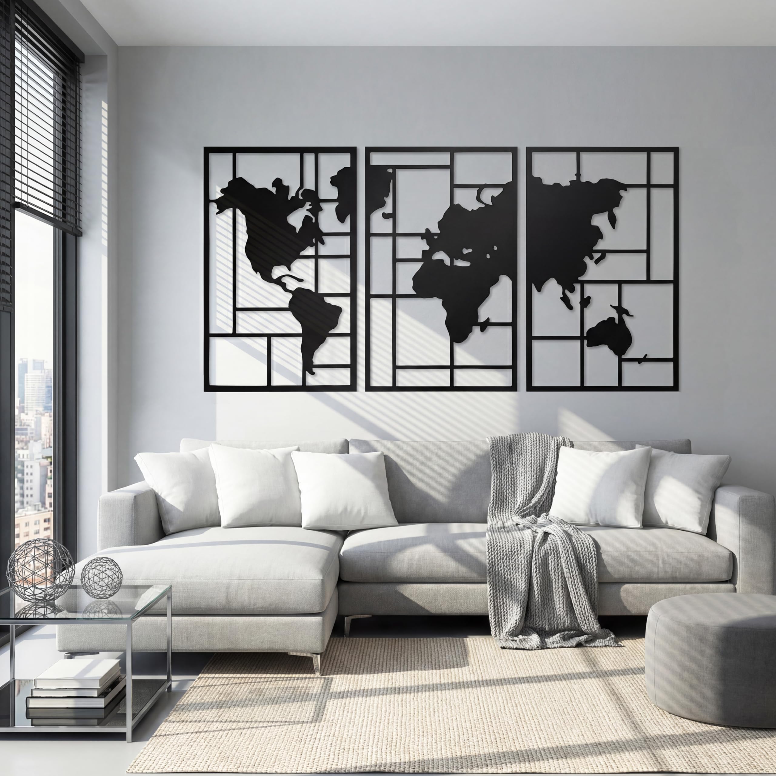 HOMCOM Wanddeko Weltkarte Metall 3er-Set 3D Wanddekoration Wandkunst für Wohnzimmer Schlafzimmer Flur, 50 x 80 cm, Schwarz