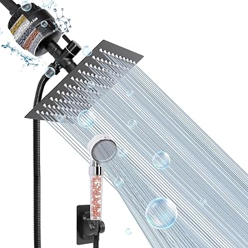 Filter Shower Head, High Pressure 8 Inch Rainfull with Filter Combo for Hard Water, Remove Chlorine Fluoride and Harmful Substances- 1 Replaceable Filter Cartridge Square, Matte Black