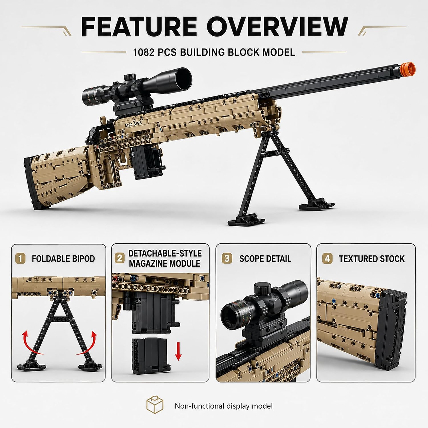 Gun 1:1 M24 Model Building Block Set 1082 Pcs Military Weapon Building Set Sniper Rifle Model Kit Home Decor Display Gift for Adults & Teens image 4