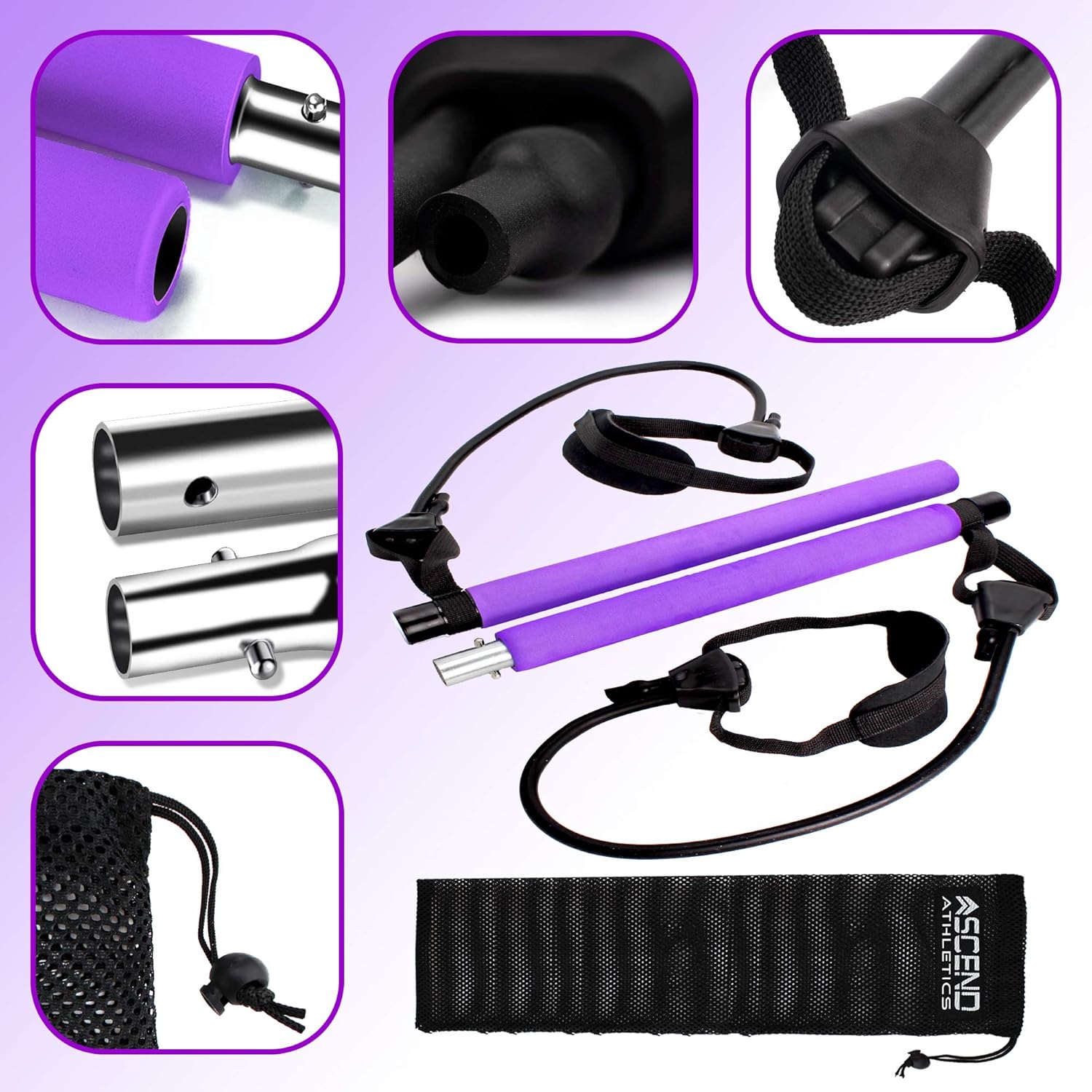 Ascend Pilates Bar Adjustable Resistance Bands - Portable Exercise Equipment Kit for Muscle Toning, Stretching, Recovery, Yoga, Weight Loss, Full Body Workout : Sports & Outdoors