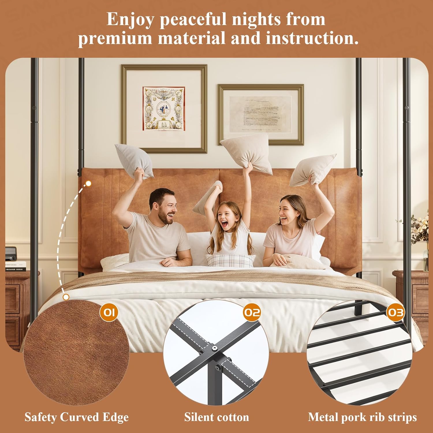 Modern Canopy Bed Frame with Upholstered Faux Leather Headboard – Tall Four Poster Metal Platform Bed, No Box Spring Needed, Queen Size, Brown and Black