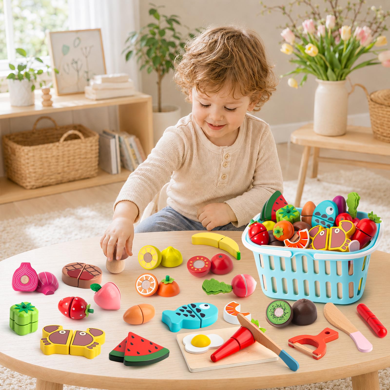 BunnyJOY Dinette Bois Accessoires Cuisine Enfant 2 3 Ans, Fruits et Légumes en Bois à Découper  26 Pièces, Jeu Éducatifs D’Imitation, Jouets Montessori 3 4 5 Ans, Cadeau Filles Garçons