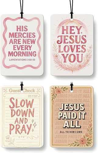 Miniatura 21 de Coquette - Ambientador cristiano para automóvil, 4 unidades, retro verde salvia, ambientador colgante religioso para autos, armario, cajón, libros,