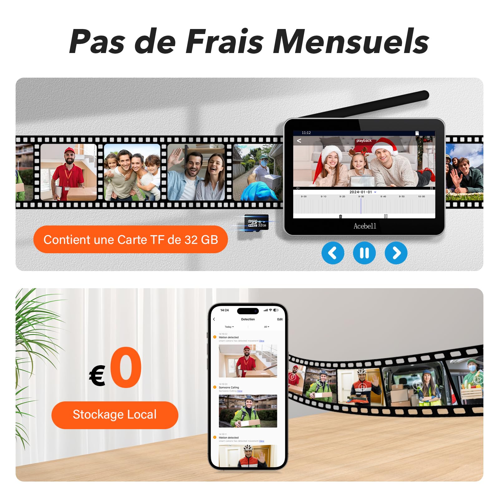 1080P WiFi Visiophone Sans Fil,Interphone Vidéo Sans Fil avec Écran Tactile 7'', Étanche Sonnette de Camera ave Batterie Rechargeable, Vision Nocturne, PIR Détection de Mouvement, Contrôle APP