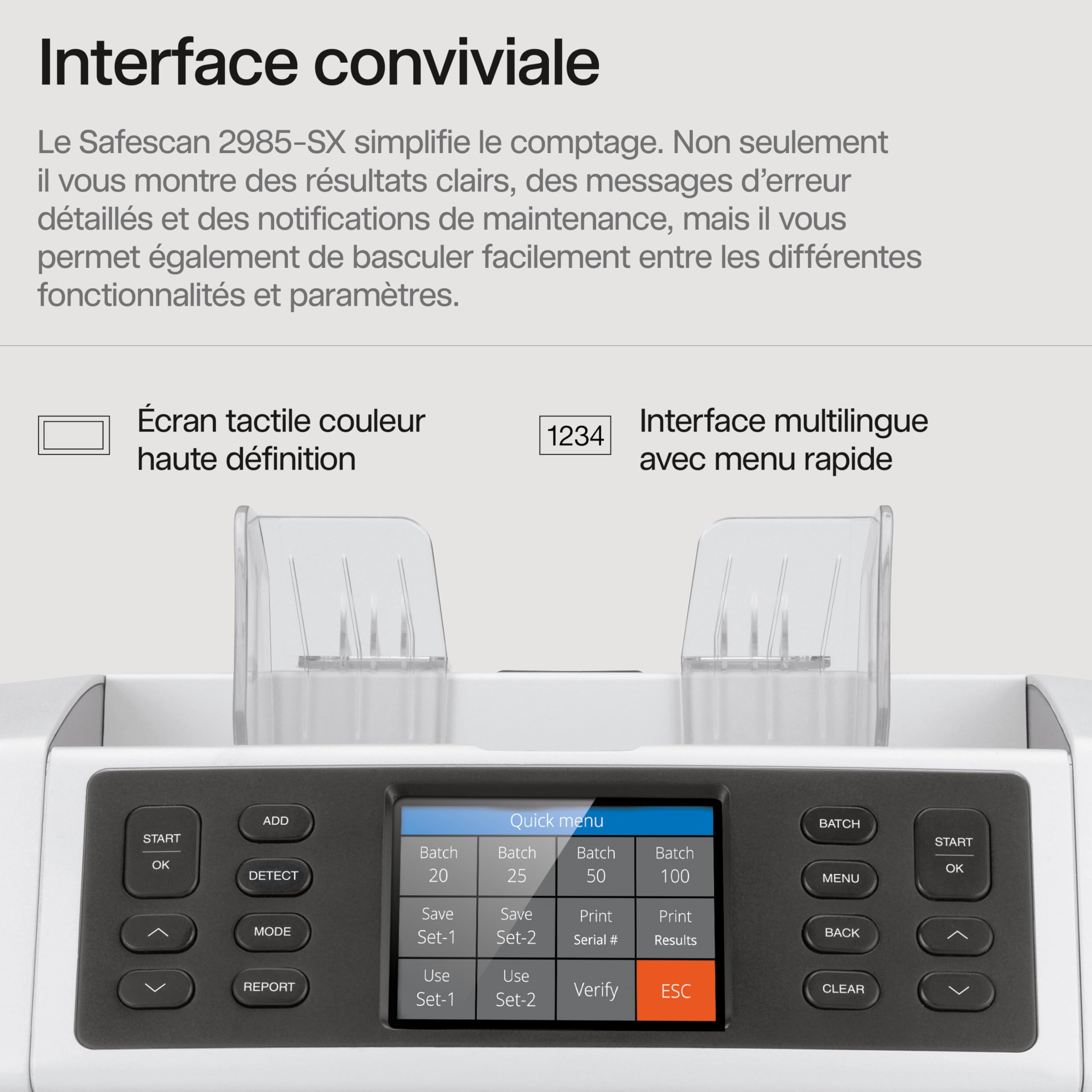 Safescan 2985-SX compteuse de billets valorisatrice qui compte et trie les billets mélangés - Compteur de billets avec détection de faux billets sur 7 points - Compteuse de billets avec option de tri