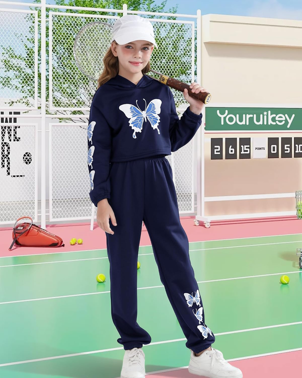 YOURUIKEY Girls' Clothing Set Butterfly Print Crop Top Hoodies Sweatpants 2 Piece Outfits Kids Sweatsuit Tracksuit Jogger Set