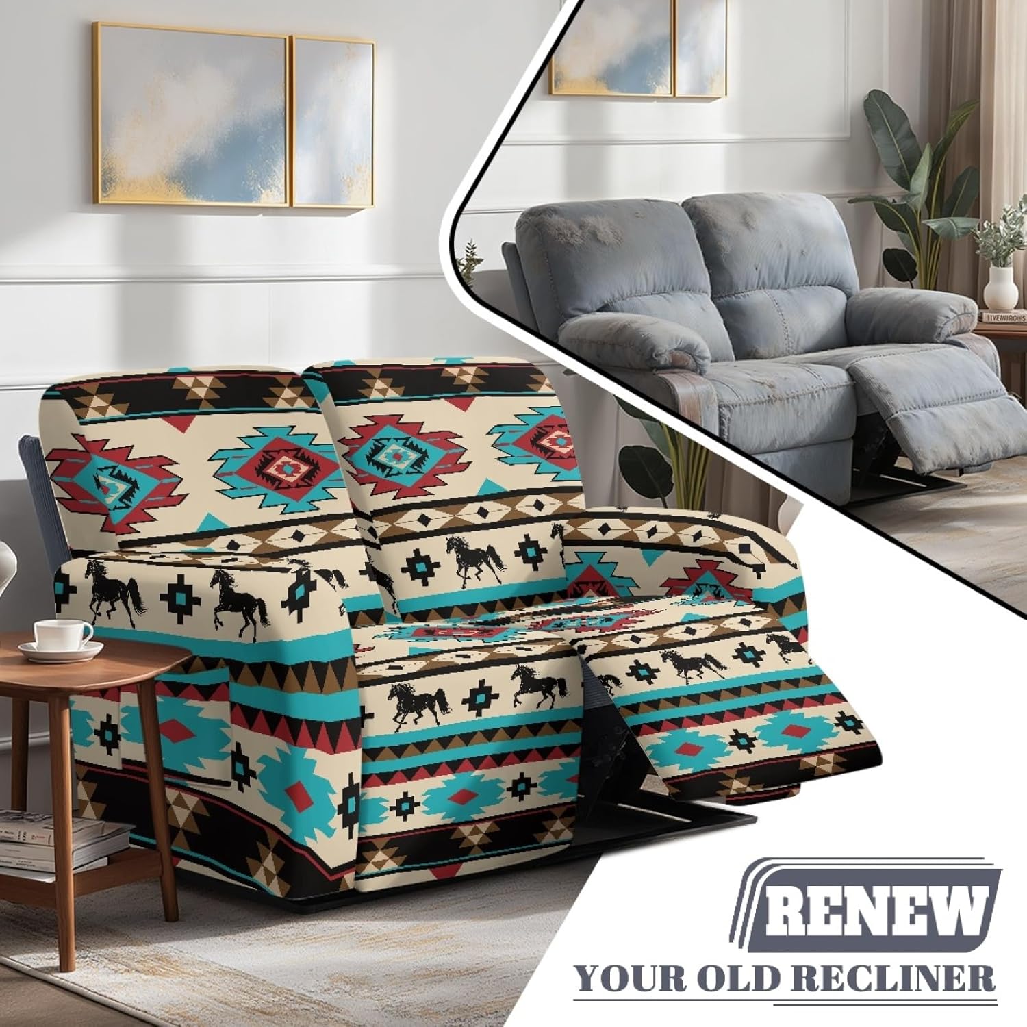 Yzaoxia Aztec Grid Couch Covers for 2,Cool Horse Furniture Protector for Loveseat with Elastic Loops Love Seat Recliner Cover for Living Room 2 Seat Sofa Covers 6-Pieces