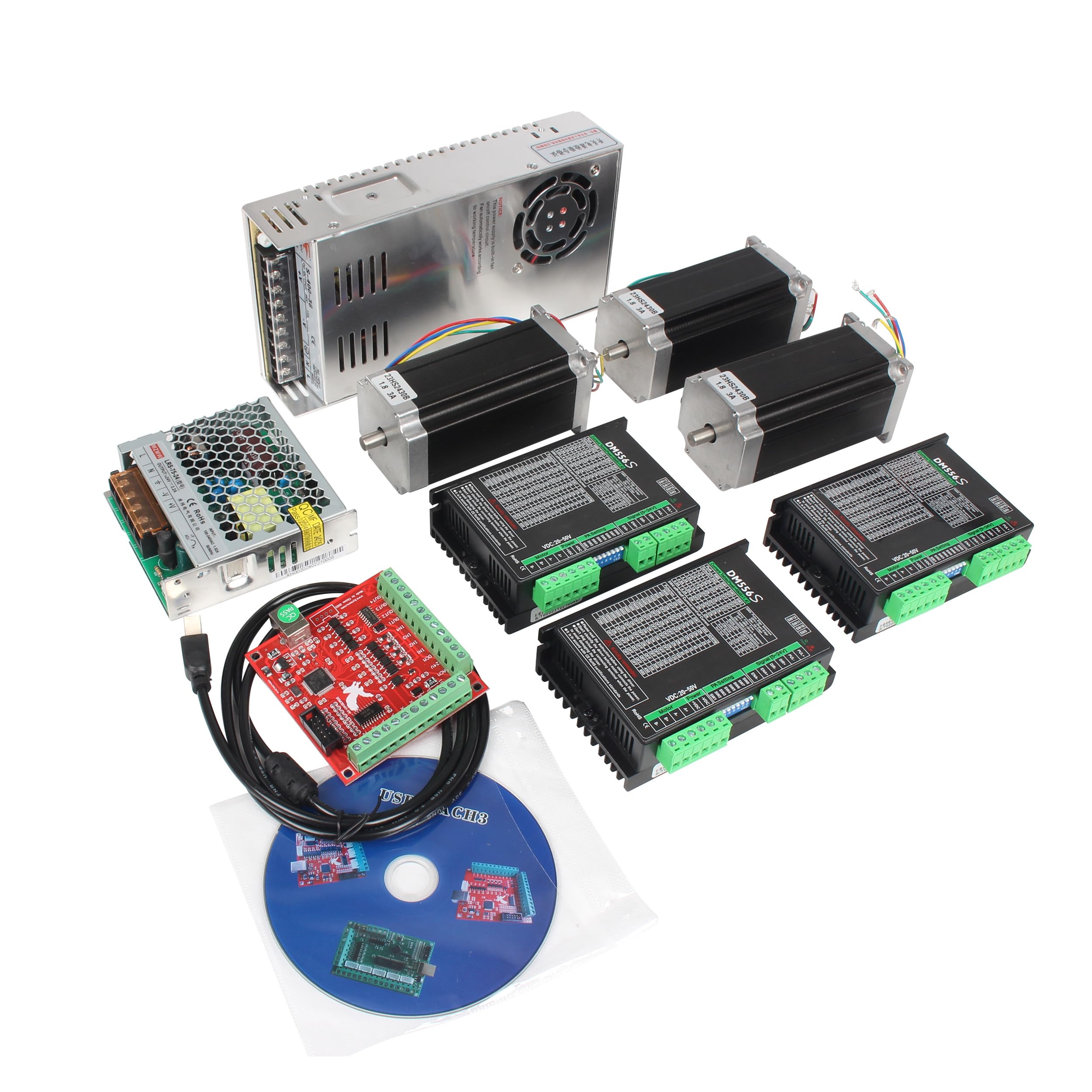 RATTMMOTOR 3 Axis Nema23 Stepper Motor Kit,425oz-in 3A 112mm,DM556S Motor Driver,4 Axis USB Mach3 Controller Board Motion Control Card 36V CNC Kit for CNC Router Milling Machine