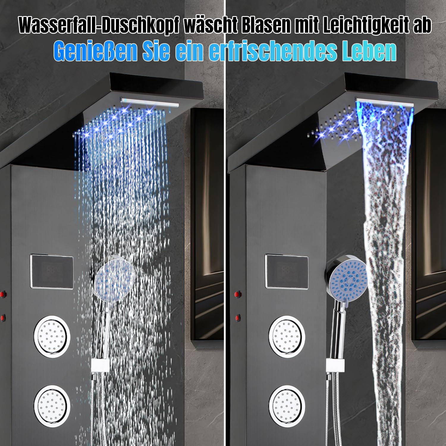 5-in-1 LED Duschpaneel – Duschsystem mit LED-Temperaturanzeige, Regendusche, verstellbaren Massagedüsen, Schwarz Design, Wandmontage für modernes Badezimmer