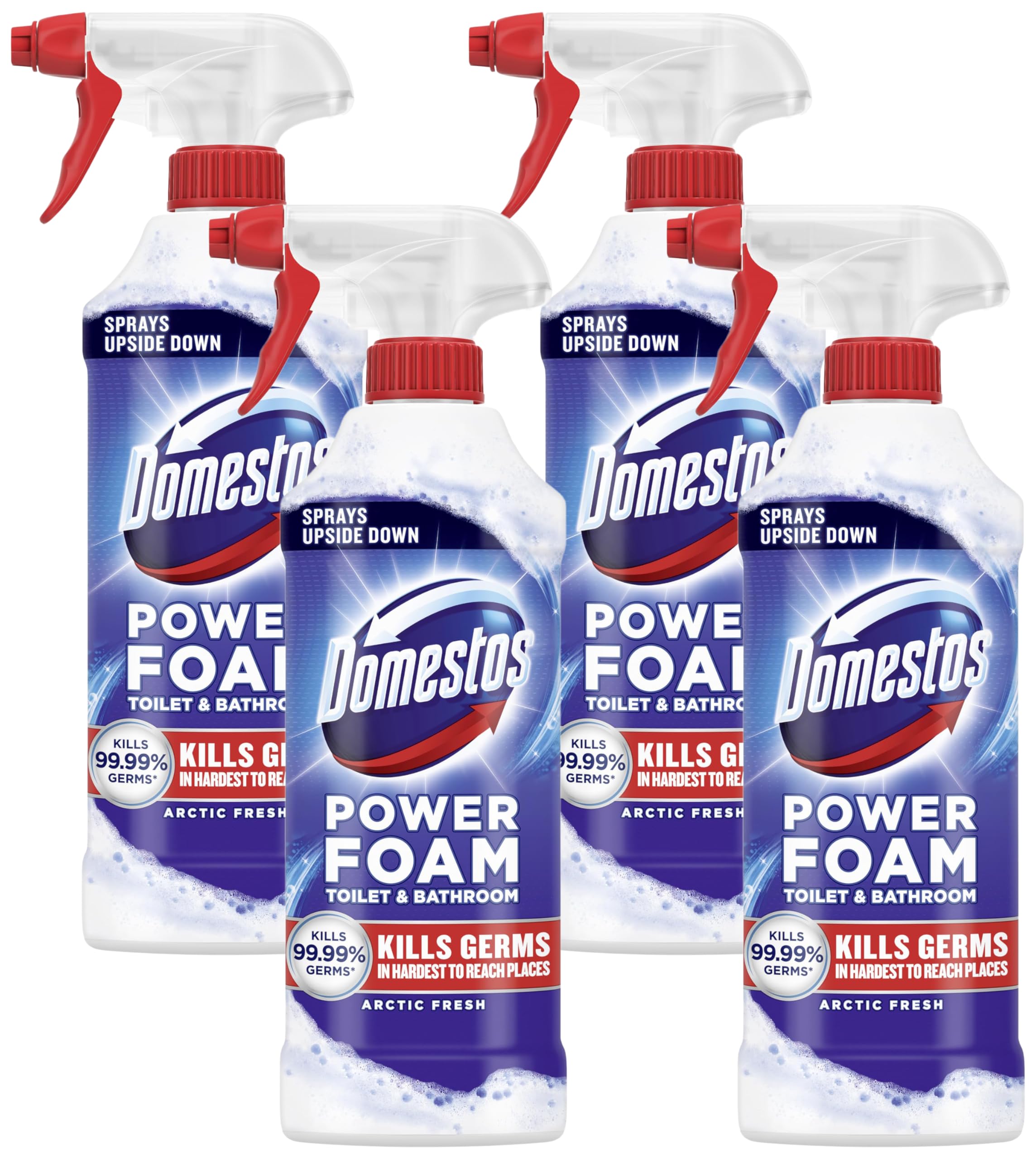 Domestos Power Foam Arctic Fresh Toilet & Bathroom Cleaner Spray sprays upside down & eliminates 99.99% of germs for cleaning inside the toilet & around bathroom 450 ml (Pack of 4)