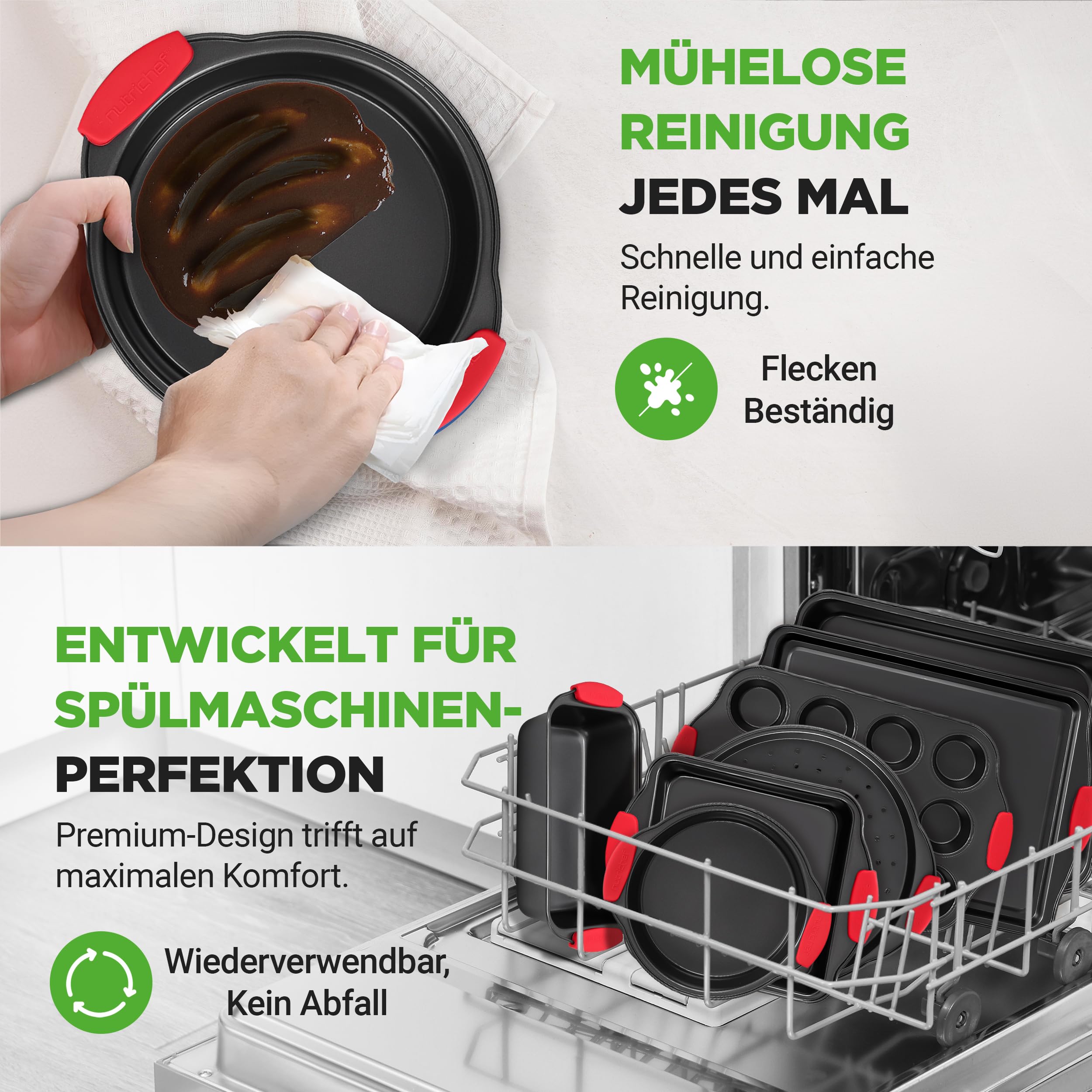 NutriChef Backset 8-teilig – Backblech, Brotbackform, Muffinform, Pizzablech Antihaft & spülmaschinenfest, platzsparend stapelbar, hitzebeständig & lebensmittelecht