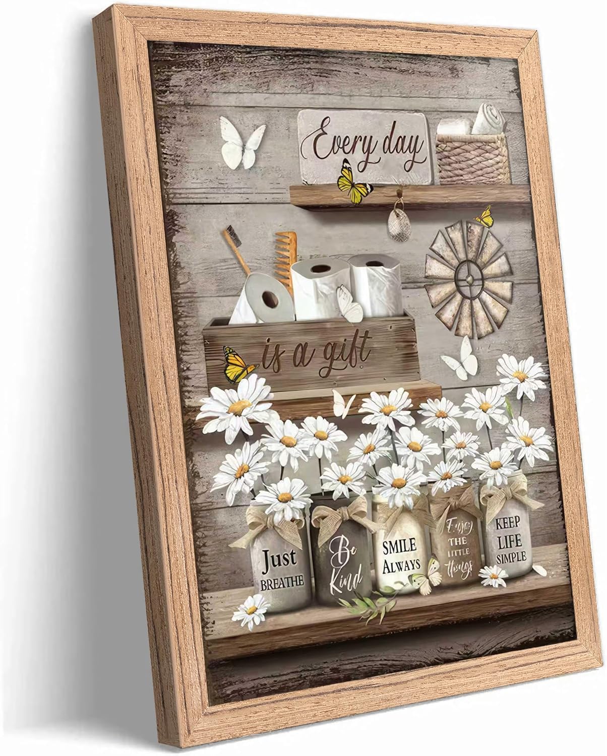 lianyibo Farmhouse Bathroom Canvas Wall Art Vintage Country Daisy Butterfly Painting Picture Poster Print for Bathroom Decor(70x100/Frameless)