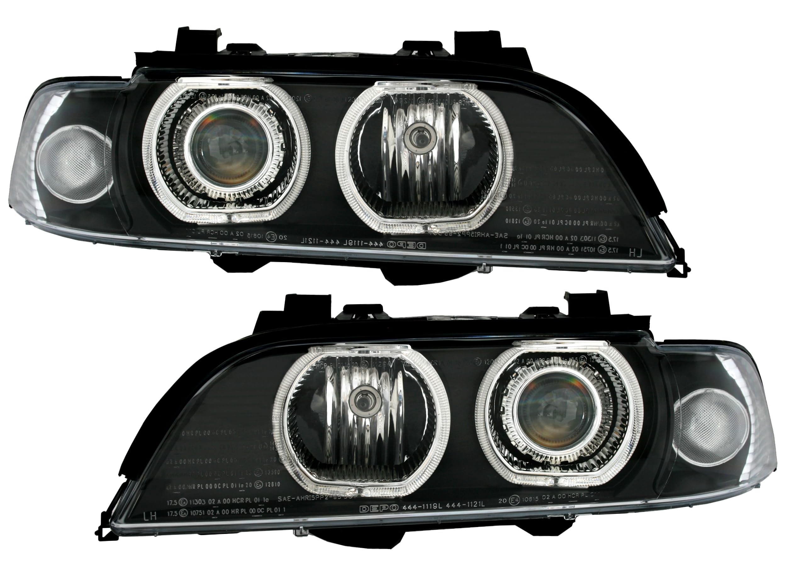 Angel Eyes Scheinwerfer Set Schwarz für 5er BMW E39 (9/1995-8/2000) H7/H7 | LED Ringe, weißesLicht, Halogen, H7, Aftermarket, Tuning, inkl. Motoren elektrische LWR, Blinker Weiß,