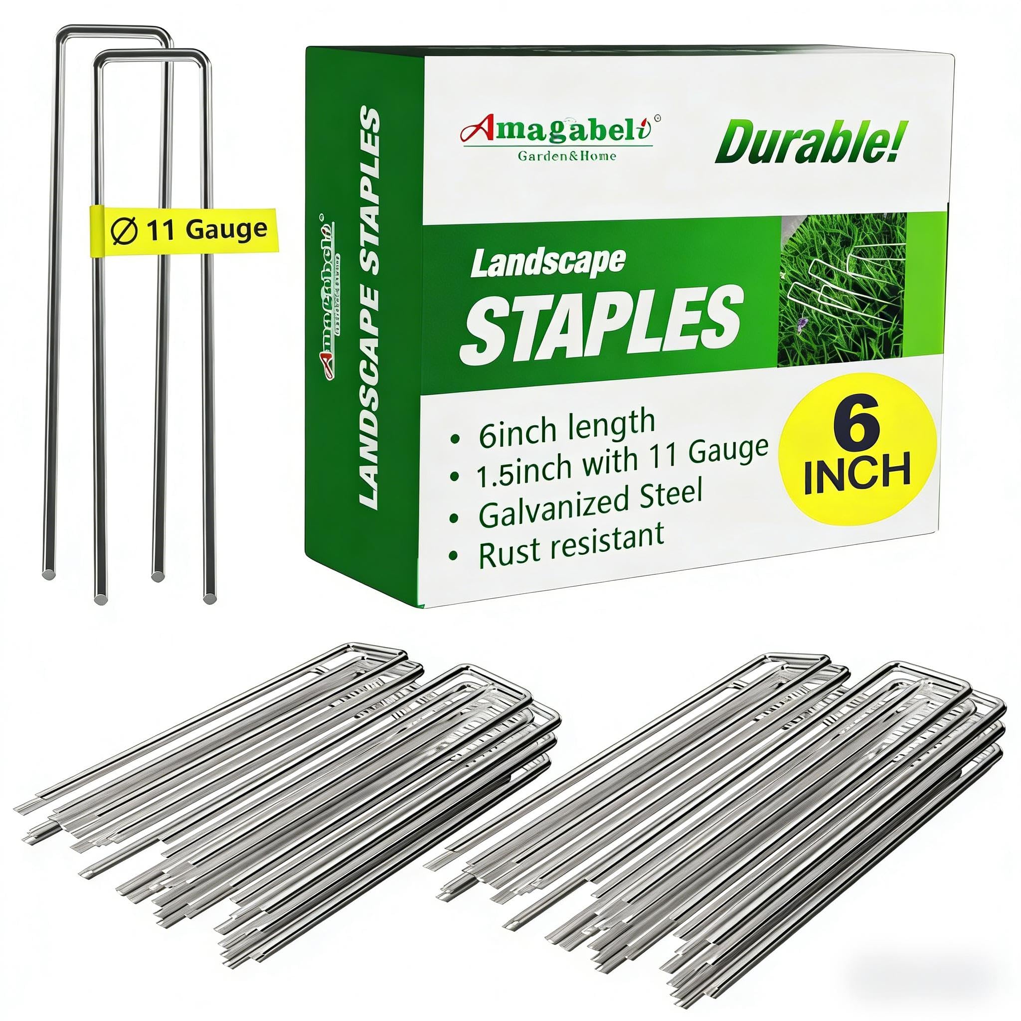 AMAGABELI 6 Inch 500 Pack Galvanized Landscape Staples 11 Gauge Anti-Rust Heavy Duty Garden Stakes Plant Cover Spikes U-Shaped Sod Pins Fence Stakes for Weed Barrier,Irrigation Tubing,Lawns,Decoration