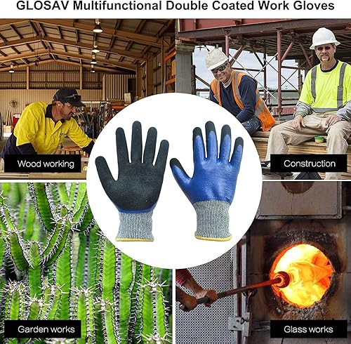 Miniatura 2 de Guantes de jardinería duraderos, guantes de jardín de nitrilo resistentes, doble revestimiento (tamaño mediano, 2 pares azul)