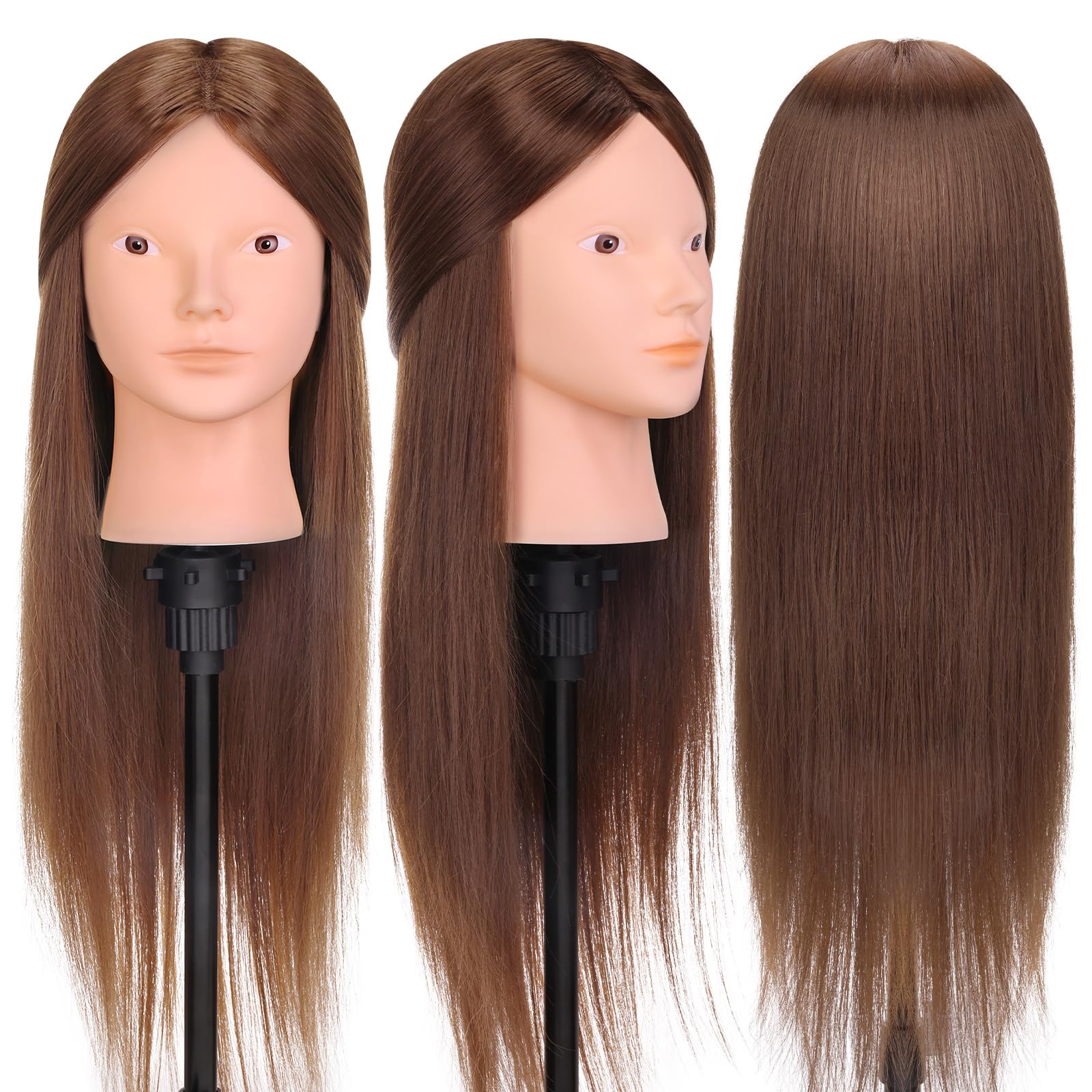 Cabeza de Peluqueria, Yofuly 26inch Cabeza Maniquí, 80% Cabello Humano, Cabeza Práctica Modelo Maniqui de Cosmetología con Abrazadera de Mesa y Juego de Trenzas de Cabello DIY Maniquí (castaño claro) — view 3