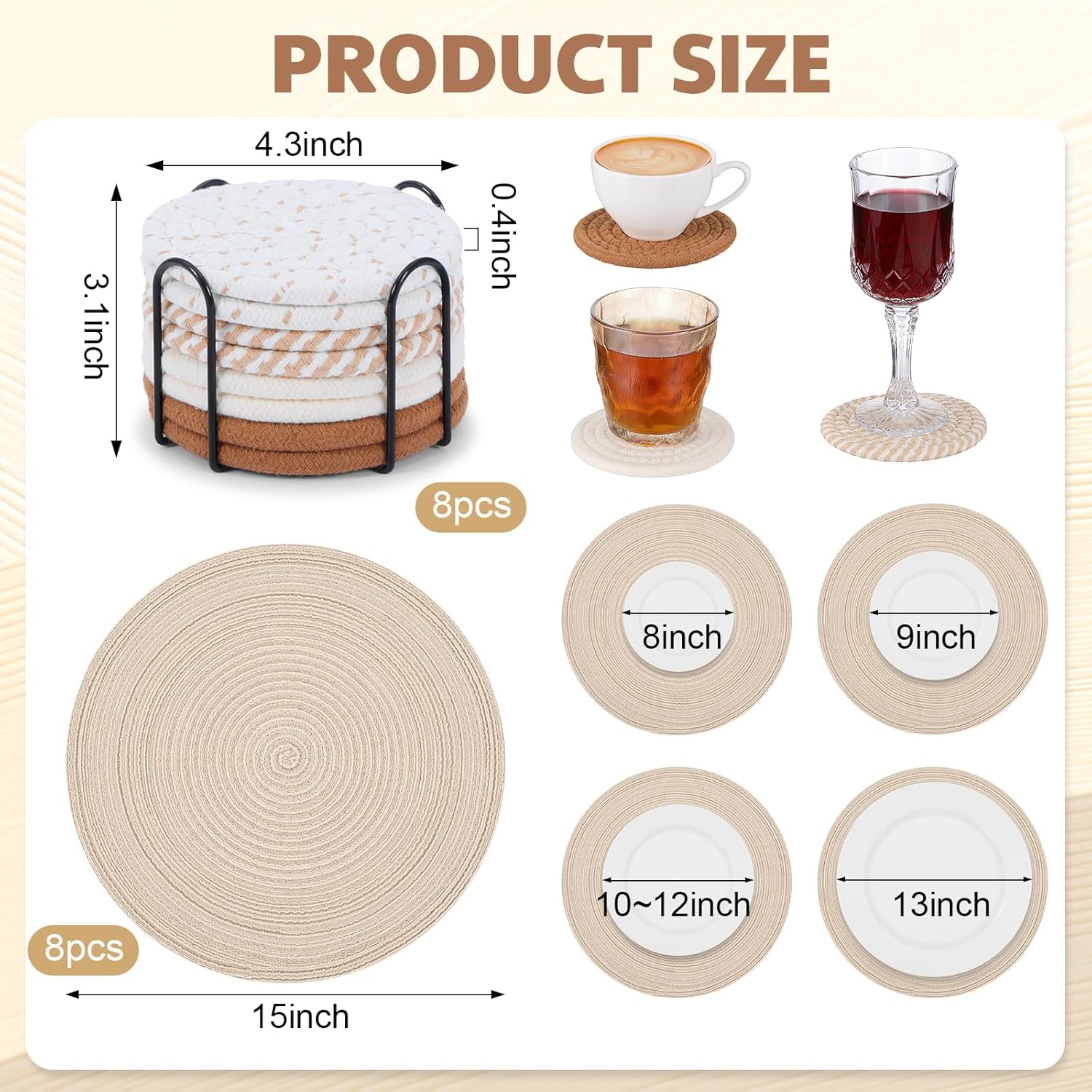 17 Pcs Drink Coaster Placemat Set with Holder, 4 Colors Heat Resistant Absorbent Woven Cotton 4.3'' Coasters for Drinks 15'' Round Placemats for Dining Living Room Tabletop Protection(Light Color)