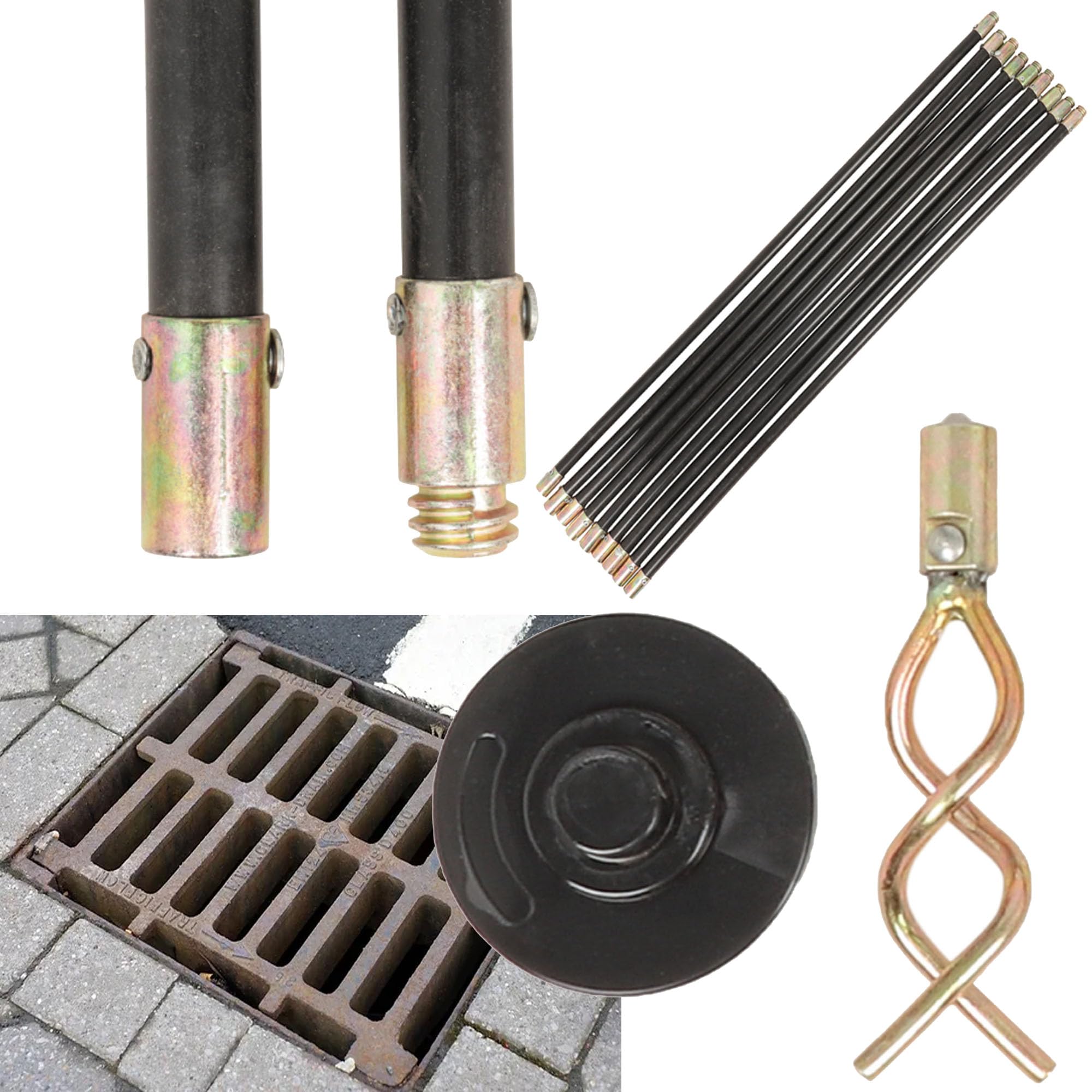 12pc Drain Unblocker Rod Set with Plunger, Rods & Worm Ideal for Domestic Drainage Pipes Clear Blocked Drains & Pipes