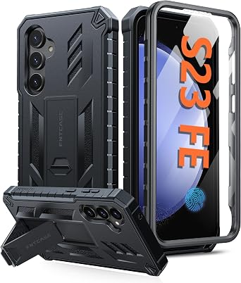 FNTCASE for Samsung Galaxy S23-FE Case Military Grade Protective Hard Phone Case with Kickstand | Screen Protector | Shockproof TPU Full Protection Drop Proof Phone Cover for Galaxy S23 FE 5G Black