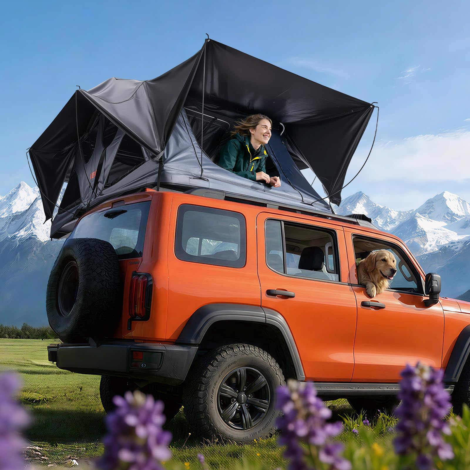 VEVOR Tente de Toit pour Voiture Pliable, Tente de Toit à Coque Rigide pour 2-3 Personnes, pour Camping Caravane SUV, en Aluminium, Étanche et Coupe-Vent, avec Éclairage LED, Matelas et Fenêtres