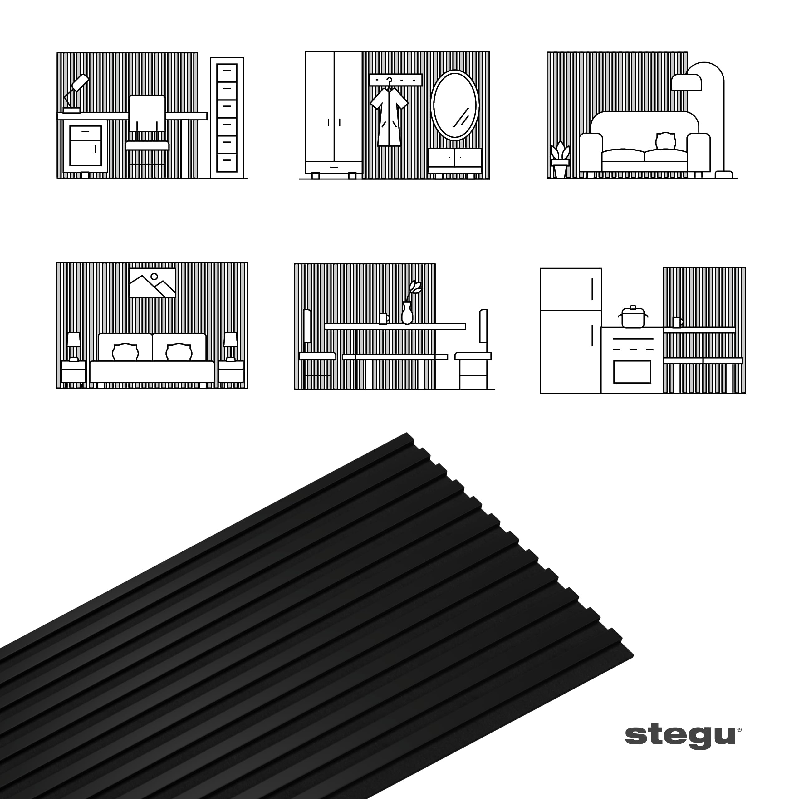 STEGU Panneau Acoustique Mural Tasseau Bois Grand Format 240x60cm Noir