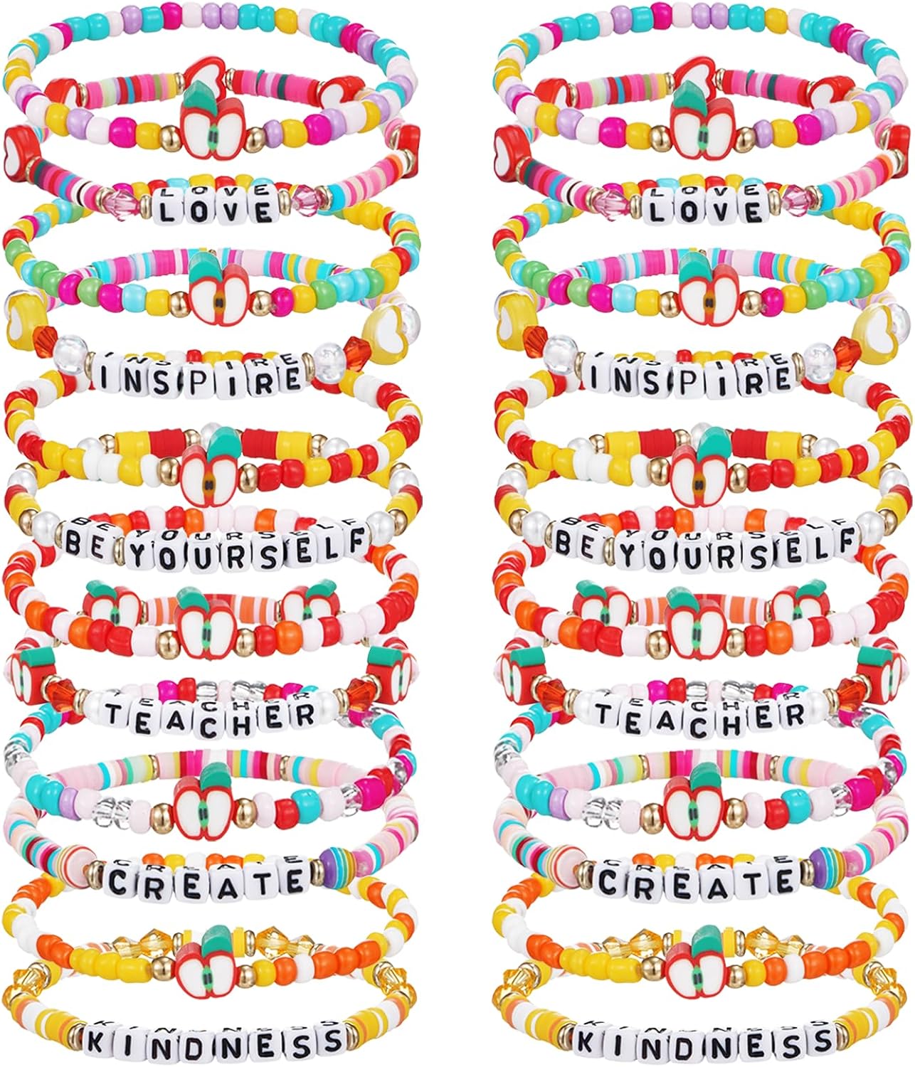 24Pcs Back to School Teacher Appreciation Bracelets Gift Bulk Meaningful Thank You Teacher Gift Adjustable Clay Beaded Stackable Stretchy Bracelets for Women Men
