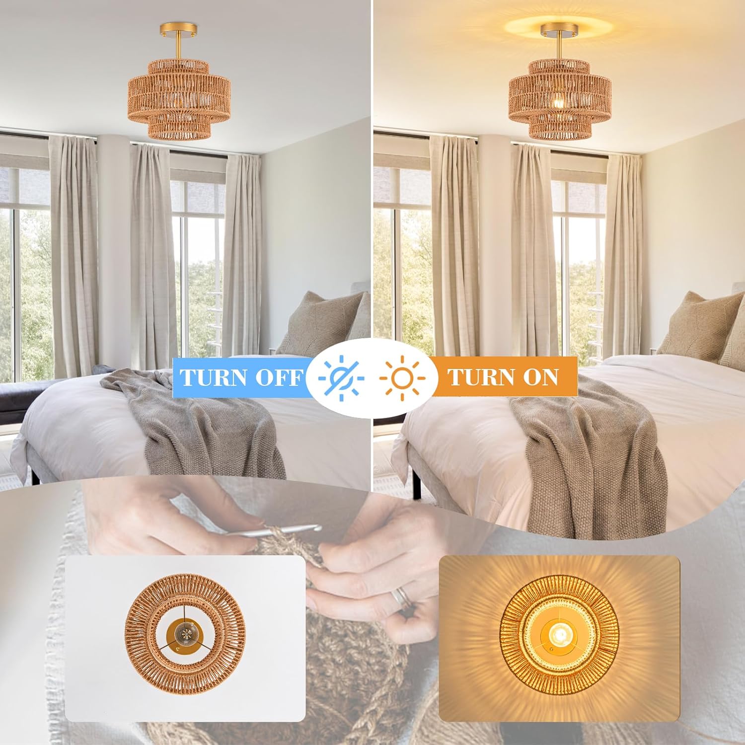 1-Light Rattan Ceiling Light Fixture, 12.4" Semi Flush Mount Boho Ceiling Light, Wicker Light Fixture with 3-Tier Hand-Woven Drum Shade, Farmhouse Rattan Chandelier for Dining Room Living Room Bedroom