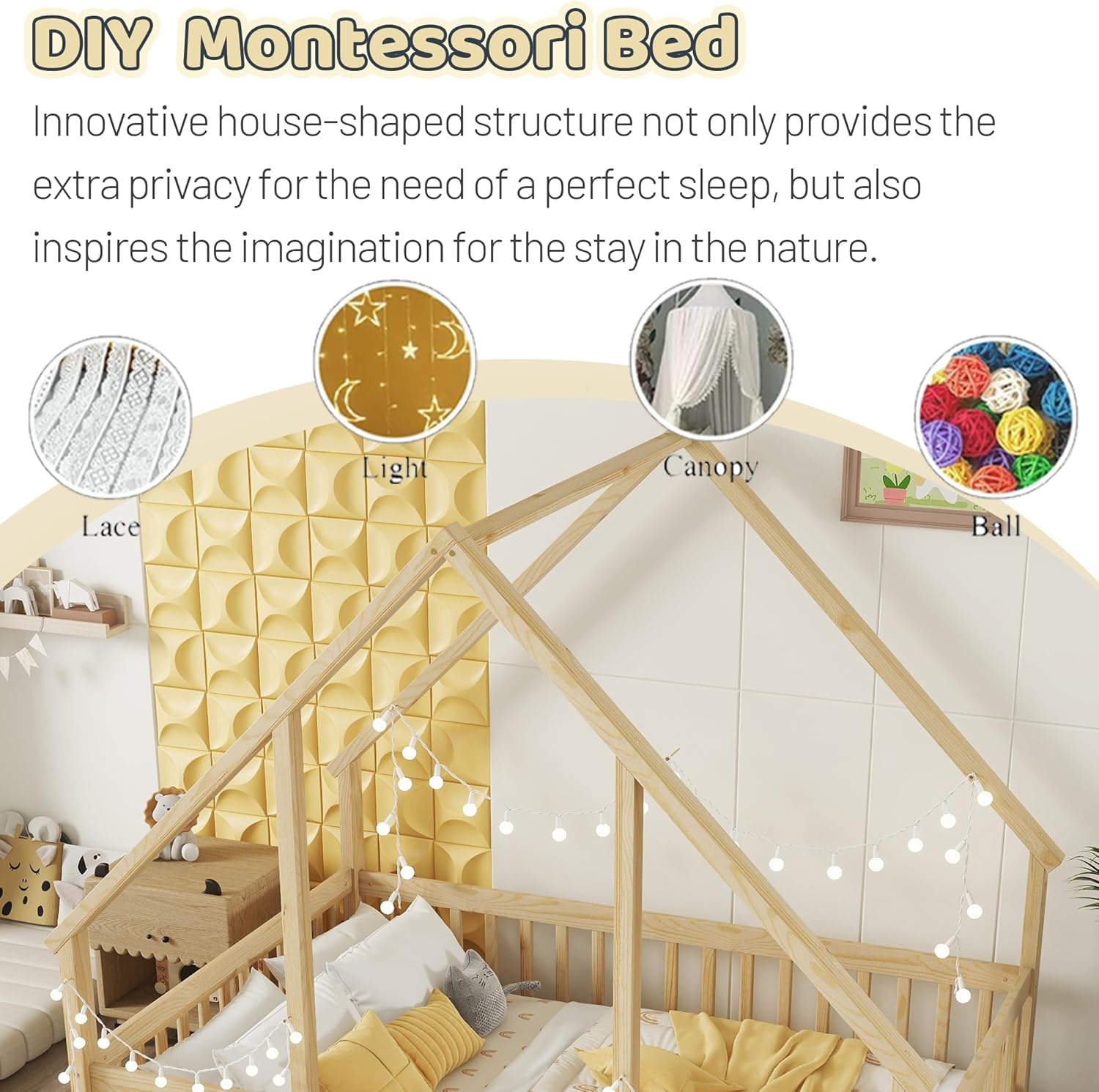 Full Size Montessori Floor Bed with High Rails, Wood House Bed Frame for Kids, Low-to-Ground Montessori Beds for Girls Boys, Solid Pine Structure for Safe Independent Access,Natural