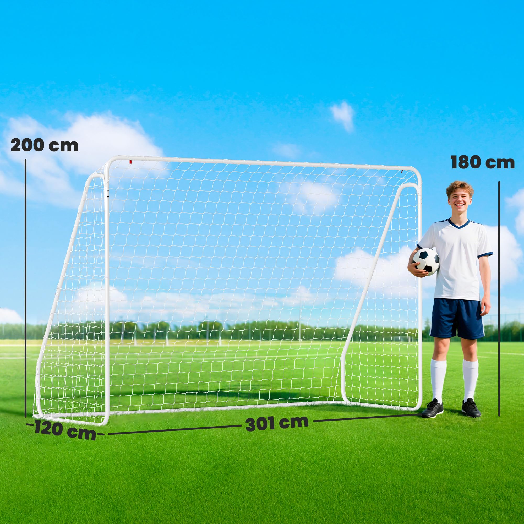 HOMCOM Porta da Calcio per Giardino e Parco Adulti 301x120x200 cm Bianco | 6 Picchetti a U, Rete da Calcio in PE e Metallo