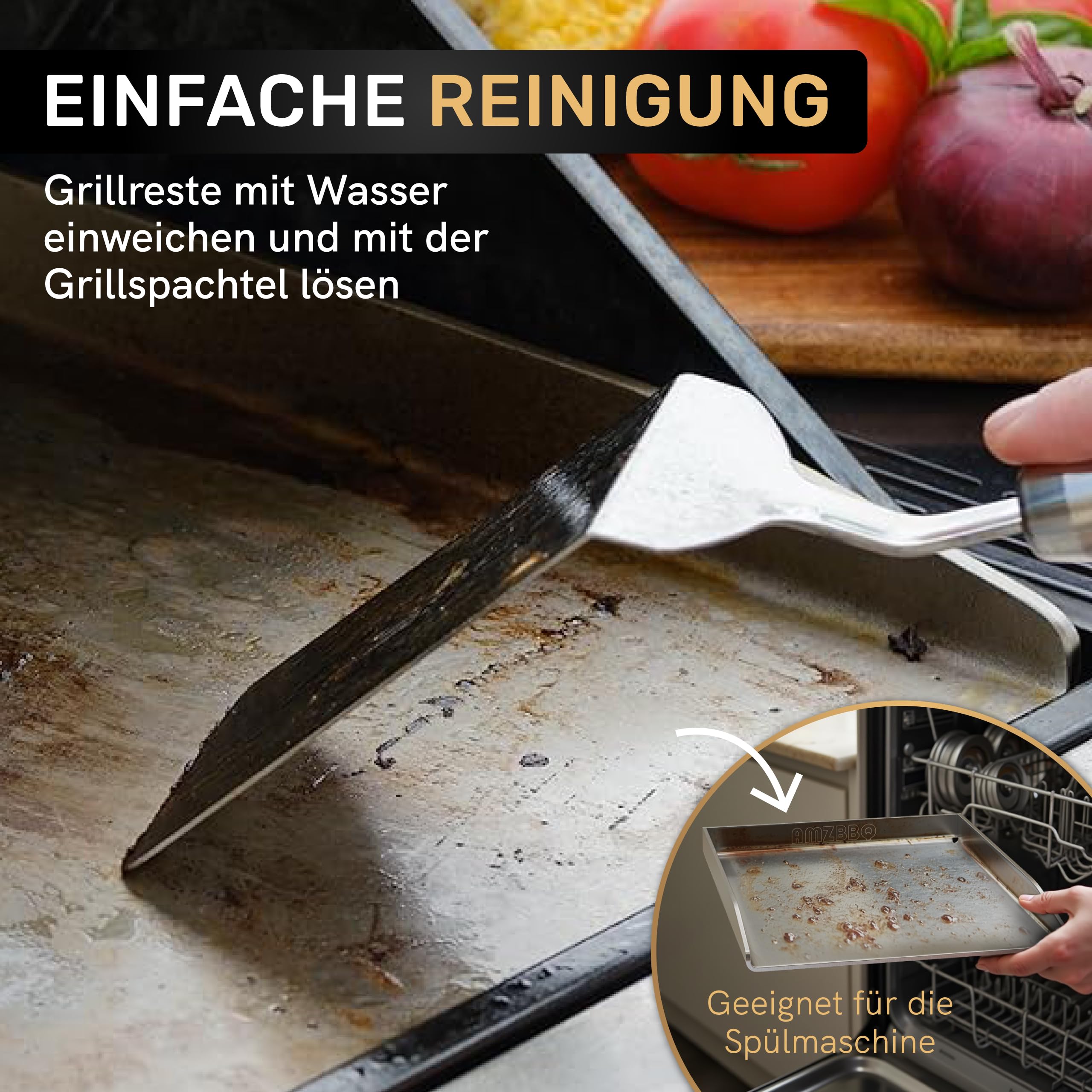 AMZBBQ® Premium Plancha Set - 40 x 30 cm - ca. 5 mm massiver Edelstahl - 20% stärker als herkömmliche Planchas - Grillplatte für Gas & Kohlegrill - Grillzubehör Geschenk für Männer inkl. Grillspachtel