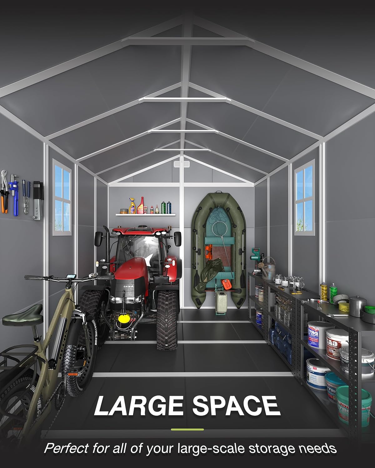 Shed interior with organized tools and equipment