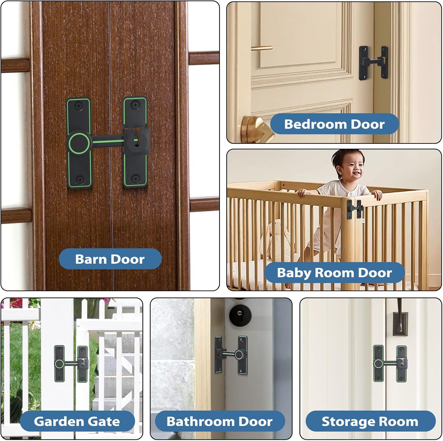 XOOL Luminous Barn Door Lock Latch, 90 & 180 Degree Heavy Duty Barn Door Latch, Fluorescence Design Lock Latch for Door, Garden, Bathroom, Garage, Window, Outdoor, Garage, Barn