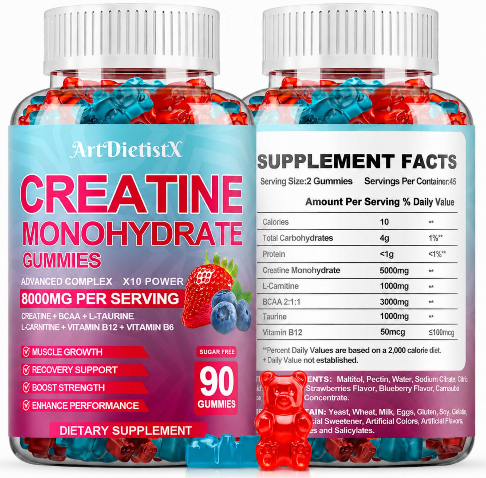 Amazon.com: Creatine Monohydrate 5000mg Gummies with BCAA, L-Carnitine,  Taurine & Vitamin B12