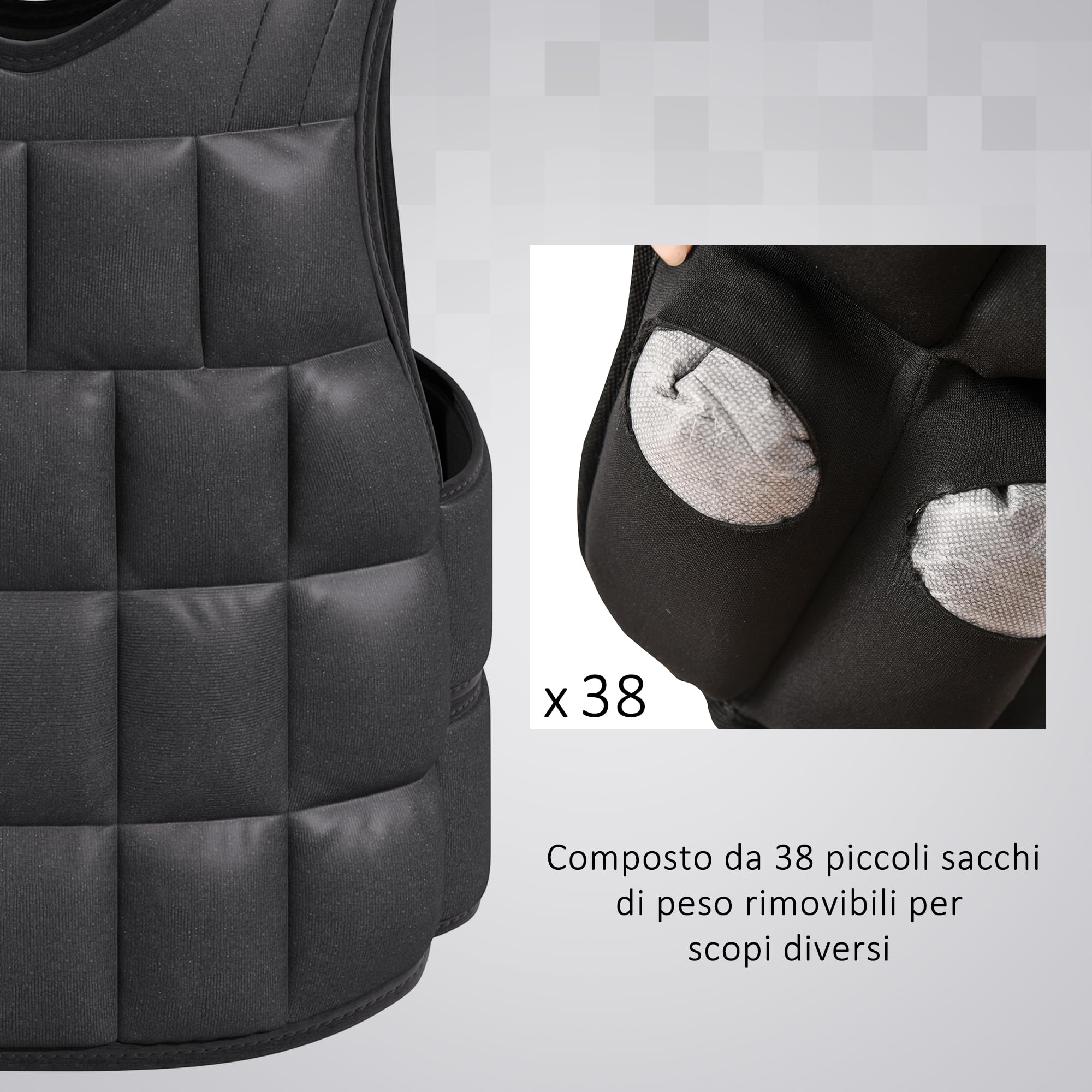 HOMCOM Giubbotto Zavorrato 20kg Unisex 38 Pesi Singoli, Imbottitura, Chiusure a Strappo