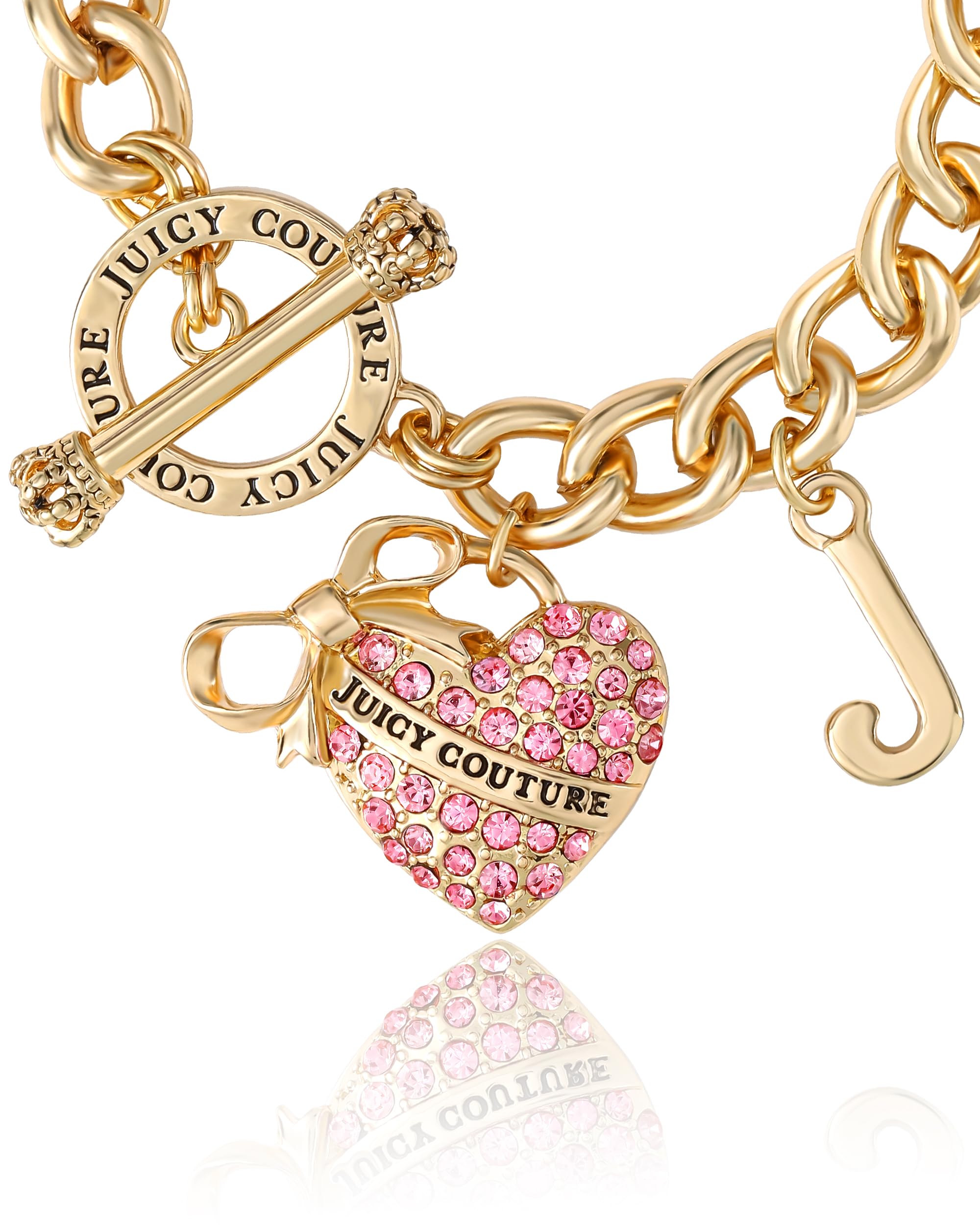 Juicy Couture Pink Stone Heart Bracelet for Women, 7.5" Gold-Tone Toggle Bracelet with Logo Charms