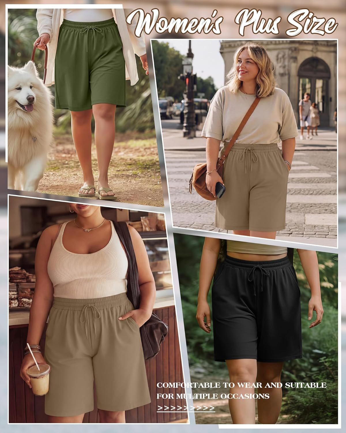 3 Pack Women's Plus Size Bermuda Shorts, Drawstring Elastic Waist Bermuda Active Summer Casual Shorts with Pockets