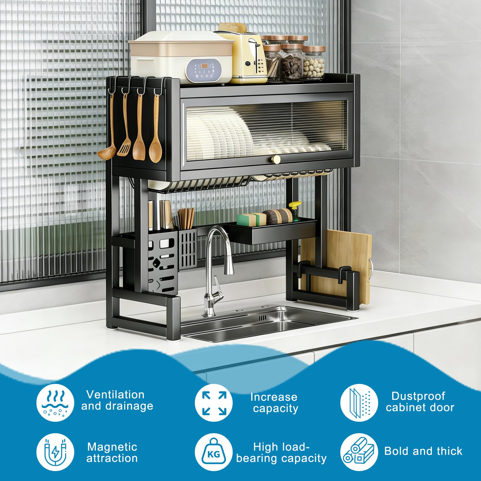 Escurreplatos grande con tapa, resistente al polvo y ahorra espacio, organizador de vajilla multifuncional sobre el fregadero, para platos, vasos, cuencos, secado y almacenamiento en la cocina (negro
