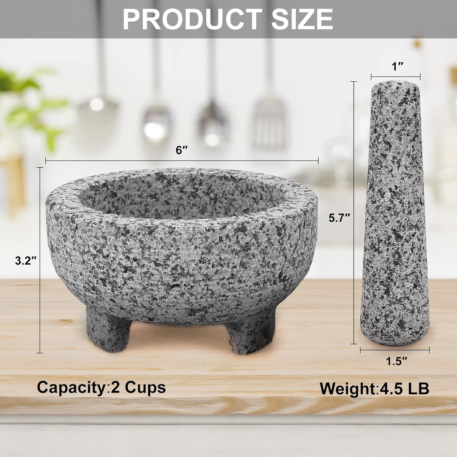 Mortar and Pestle Set, Unpolished Granite Grinder Bowl 6 Inch - 2 Cups