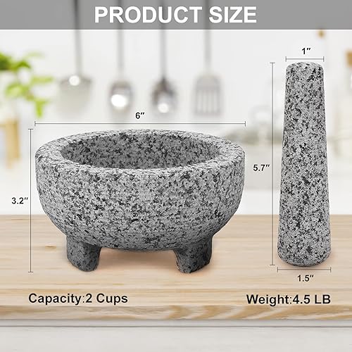 Miniatura 6 de HESHIBI Juego de mortero de granito y mortero de guacamole Molcajete de 7 pulgadas, molinillo de piedra natural de 3 tazas para especias,